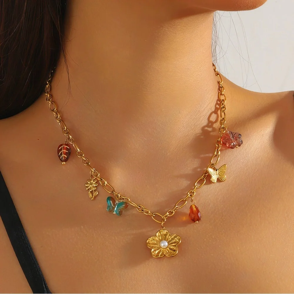Floral and Butterfly Accents Necklace - Picture 1 of 5
